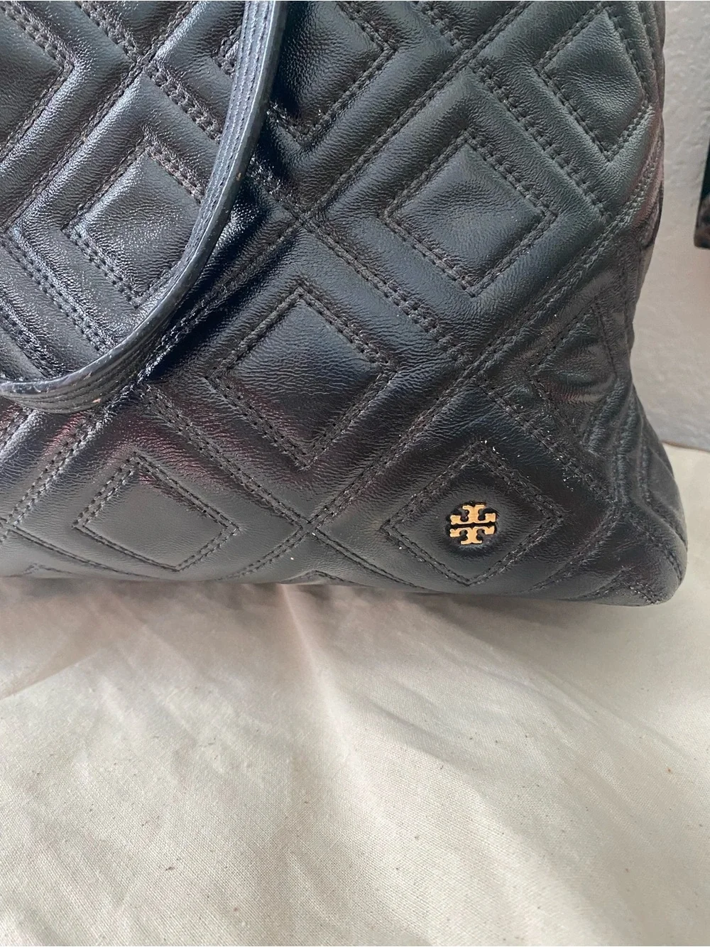 Tory Burch Black Quilted Leather Tote with Gold Chain Handles